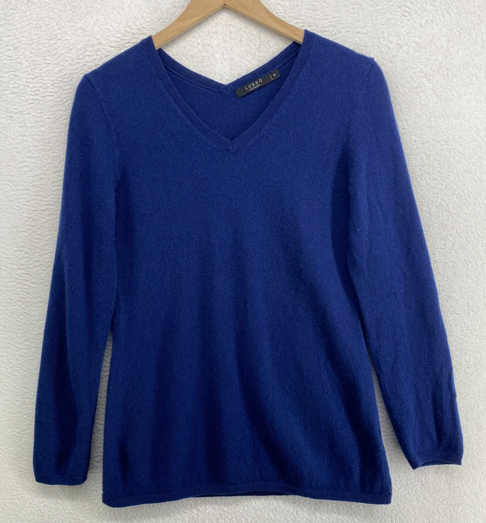 LUSSO Sweater Womens M Cashmere Top Double V-Neck Pullover Jumper Preppy Blue